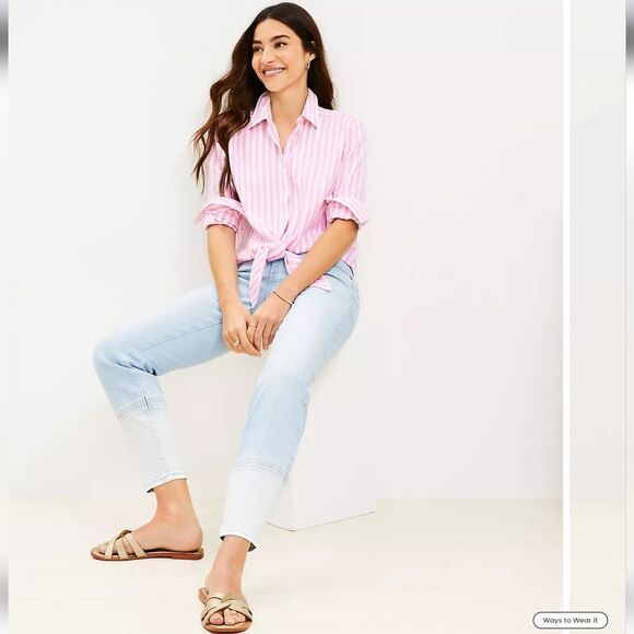 LOFT Petite Curvy Girlfriend Jeans in Patched Light Indigo Wash - Picture 2 of 7